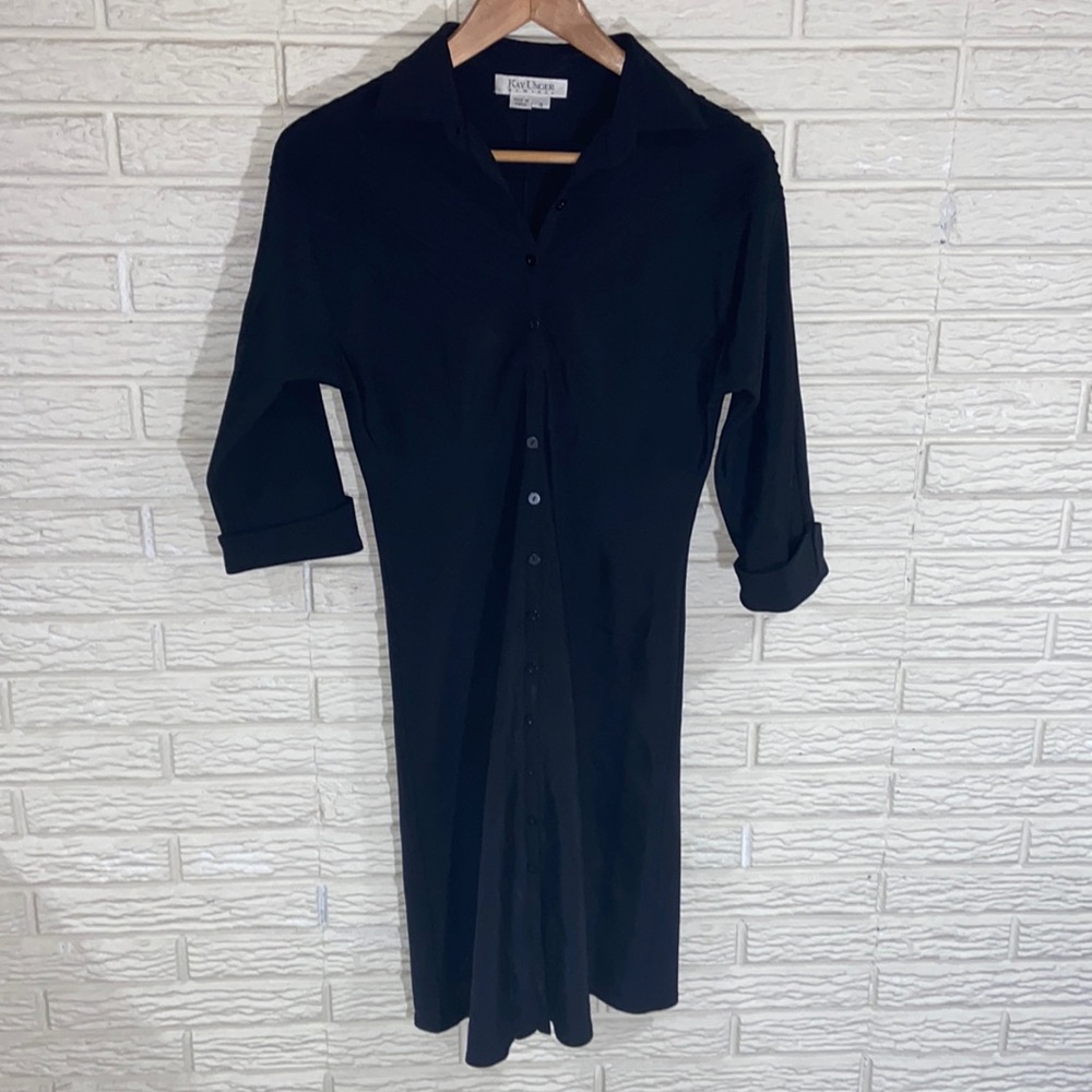 Kay Unger New York Silk Button Detail Little Black Dress 3/4 Sleeves Size 4